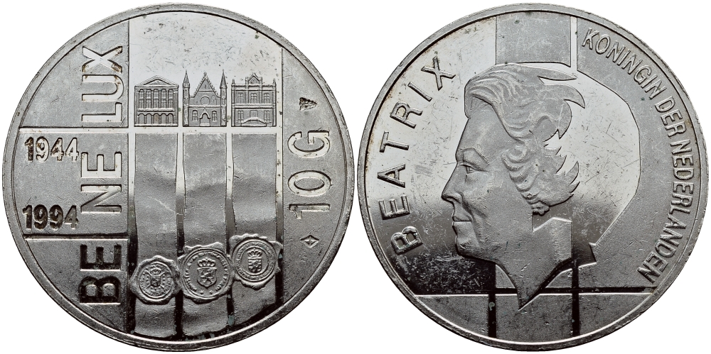 Нидерланды 10 гульденов 1994 50 лет Бе-Ни-Люкс, три здания парламентов KM 216 серебро 1524-943