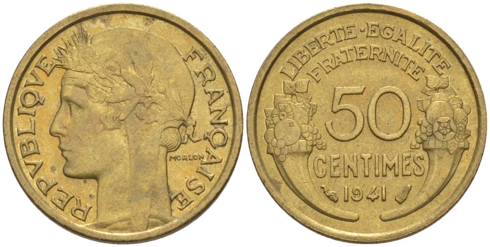ФРАНЦИЯ 50 САНТИМОВ 1941 ТИП MORLON KM 894.1, LE FRANC 192.18 алюминиевая бронза 44-434