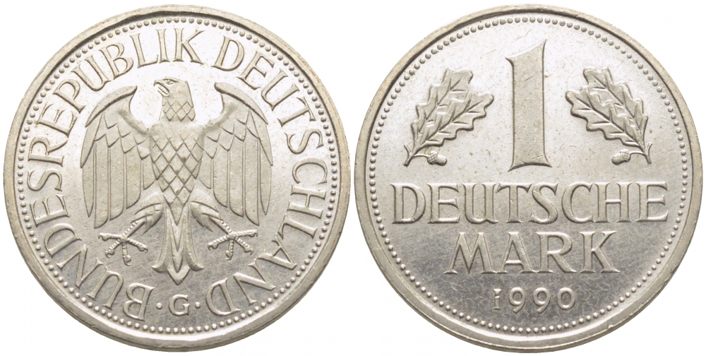 ФРГ 1 МАРКА 1990 F J.385, KM 110 медно-никель 3856-231