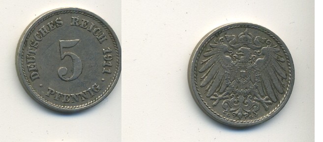 Германия 5 пфеннигов 1911 G KM 11, Jager 12, Weege 6 медно-никель 23-922