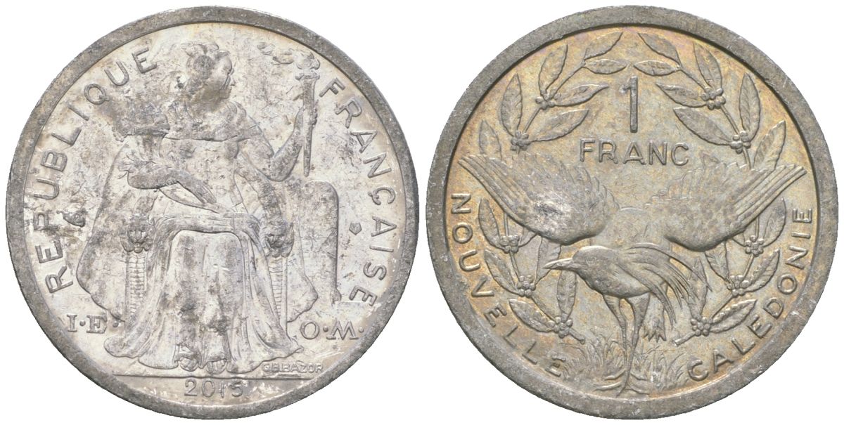 Французская Новая Каледония 1 франк 2015 птица кагу, (IEOM) KM 10, Schoen 10 алюминий 33-652