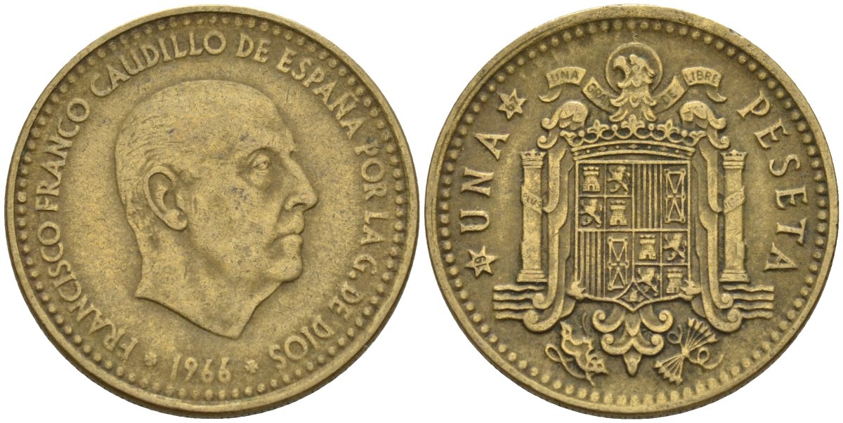 Испания 1 песета 1966 (67) Франсиско Франко (1939 - 1975) KM 796 алюминиевая бронза 4155-343