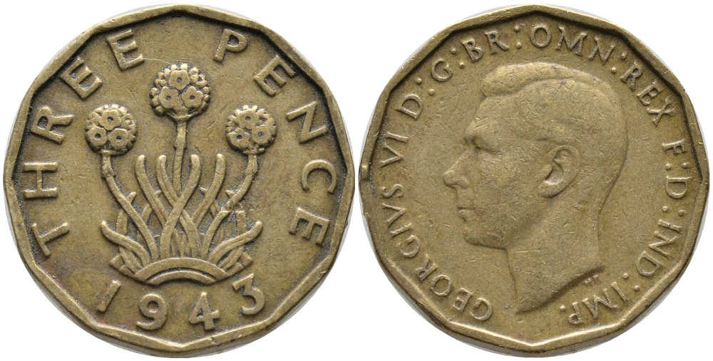 Великобритания 3 пенса 1943 Георг VI (1936-1952) KM 849, Spink 4112 никель латунь 65-941