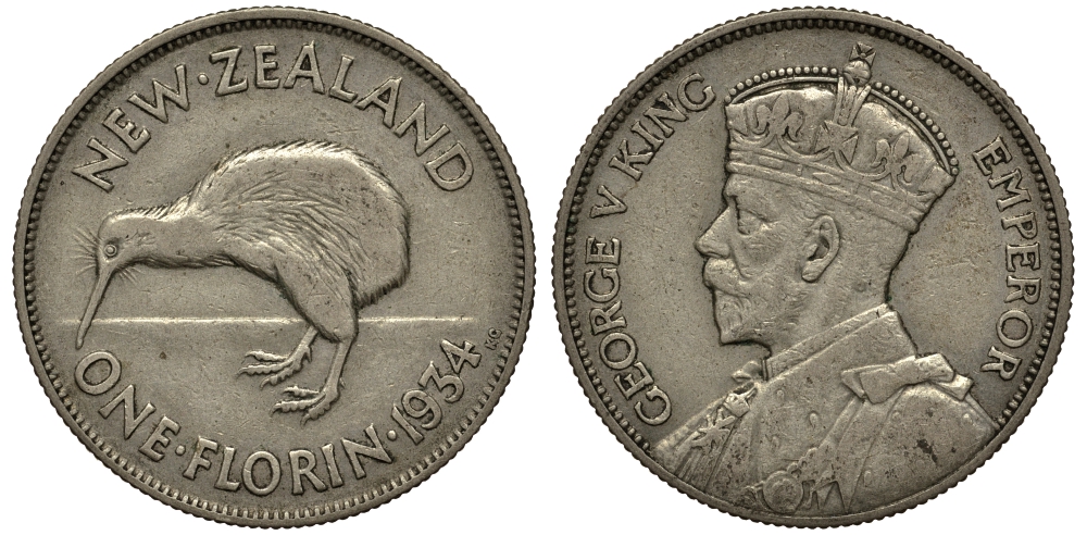 Новая Зеландия 1 флорин 1934 Георг V (1910-1936), птичка киви KM 4 серебро 272-1224
