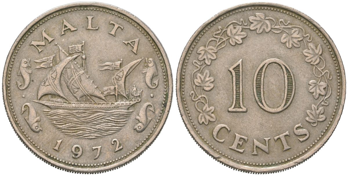 Мальта 10 центов 1972 баржа Великого магистра KM 11 медно-никель 183-1147