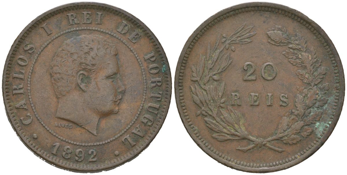 Португалия 20 реалов 1892 Карлуш I (1889-1908) KM 533 бронза 4512-1014
