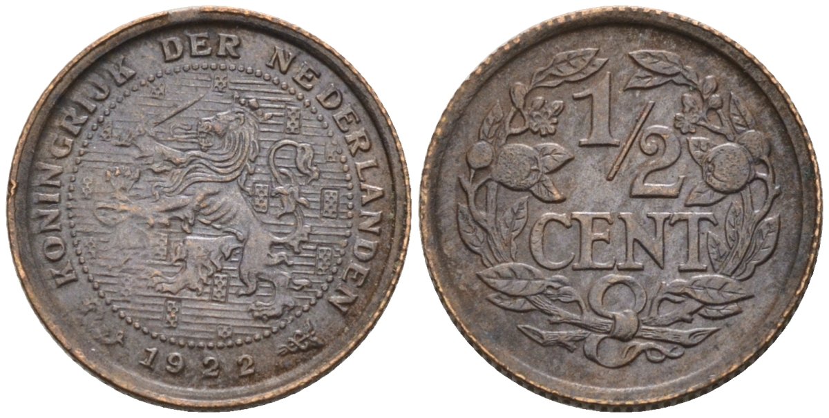 Нидерланды 1/2 цента 1922 Вильгельмина (1890-1948) KM 138 бронза 4576-426