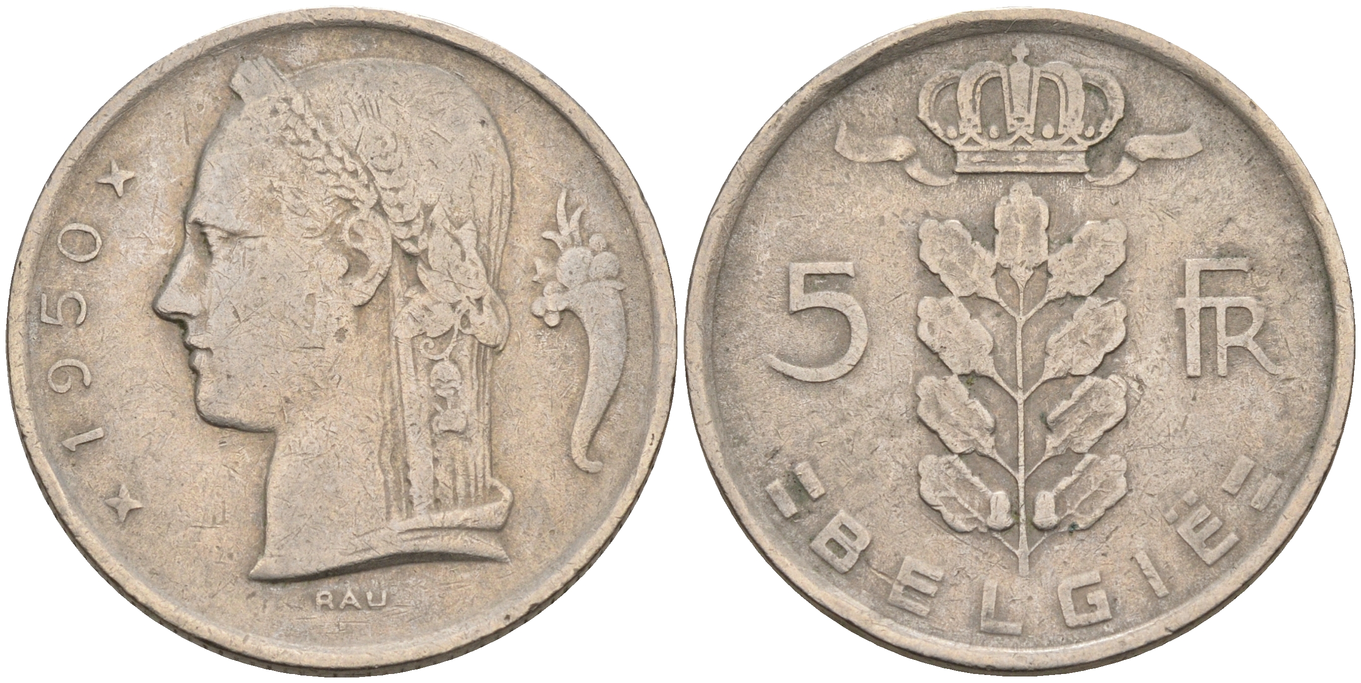 БЕЛЬГИЯ 5 ФРАНКОВ 1950 BELGIE KM 135.1 медно-никель 92-356