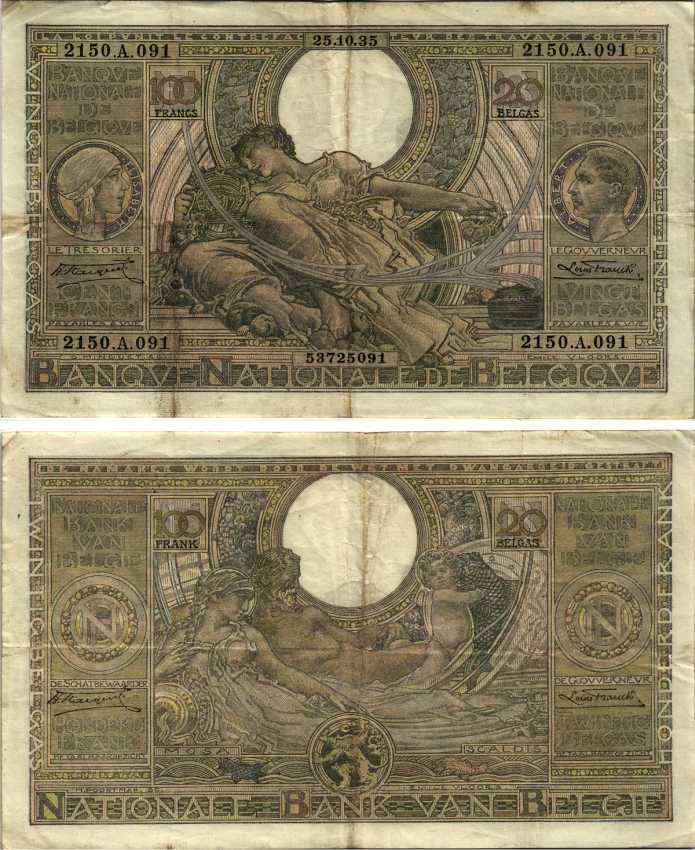 БЕЛЬГИЯ 100 ФРАНКОВ = 20 БЕЛГА 1935 25 ОКТЯБРЯ 1935, КОРОЛЬ АЛЬБЕРТ И КОРОЛЕВА ЕЛИЗАВАЕТА, АЛЕГОРИЧЕСКИЙ СЮЖЕТ Pick 107 бумага 7183-27-1-2