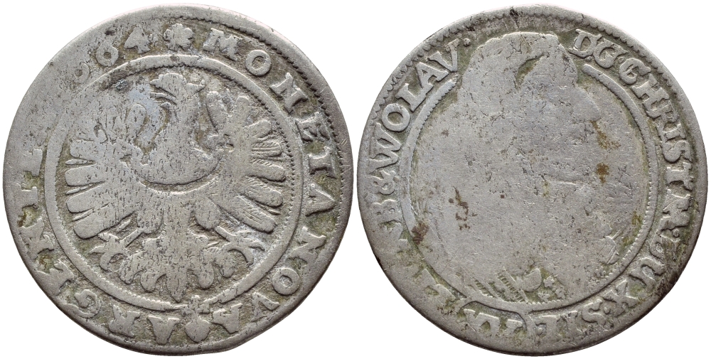 Силезия и Волау 15 крейцеров 1664 Кристиан KM 434 серебро 3896-741