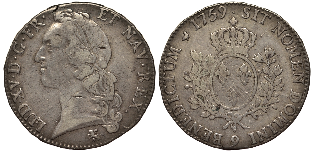 Франция 1 экю 1759 9, Людовик XV KM 512.27 (C 47.25) серебро    1516-1634