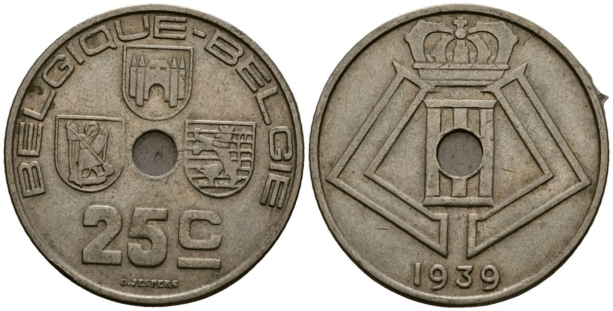 Бельгия 25 сантимов 1939 Belgique - Belgie KM 114 никель латунь 4382-342