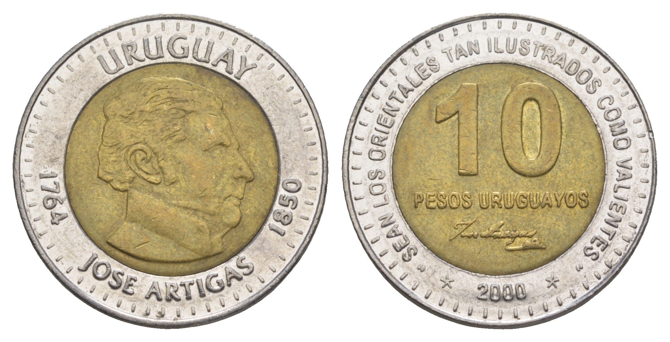 Уругвай 10 песо 2000 KM 121 биметалл 4635-541