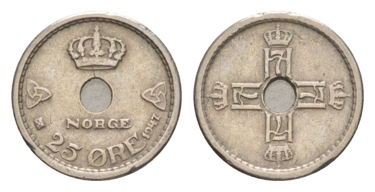Норвегия 25 эре 1947 Хокон VII (1905-1957) KM 384 медно-никель 4632-1223