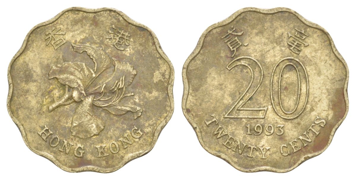 Гонконг 20 центов 1993 KM 67 никель латунь 4627-1252