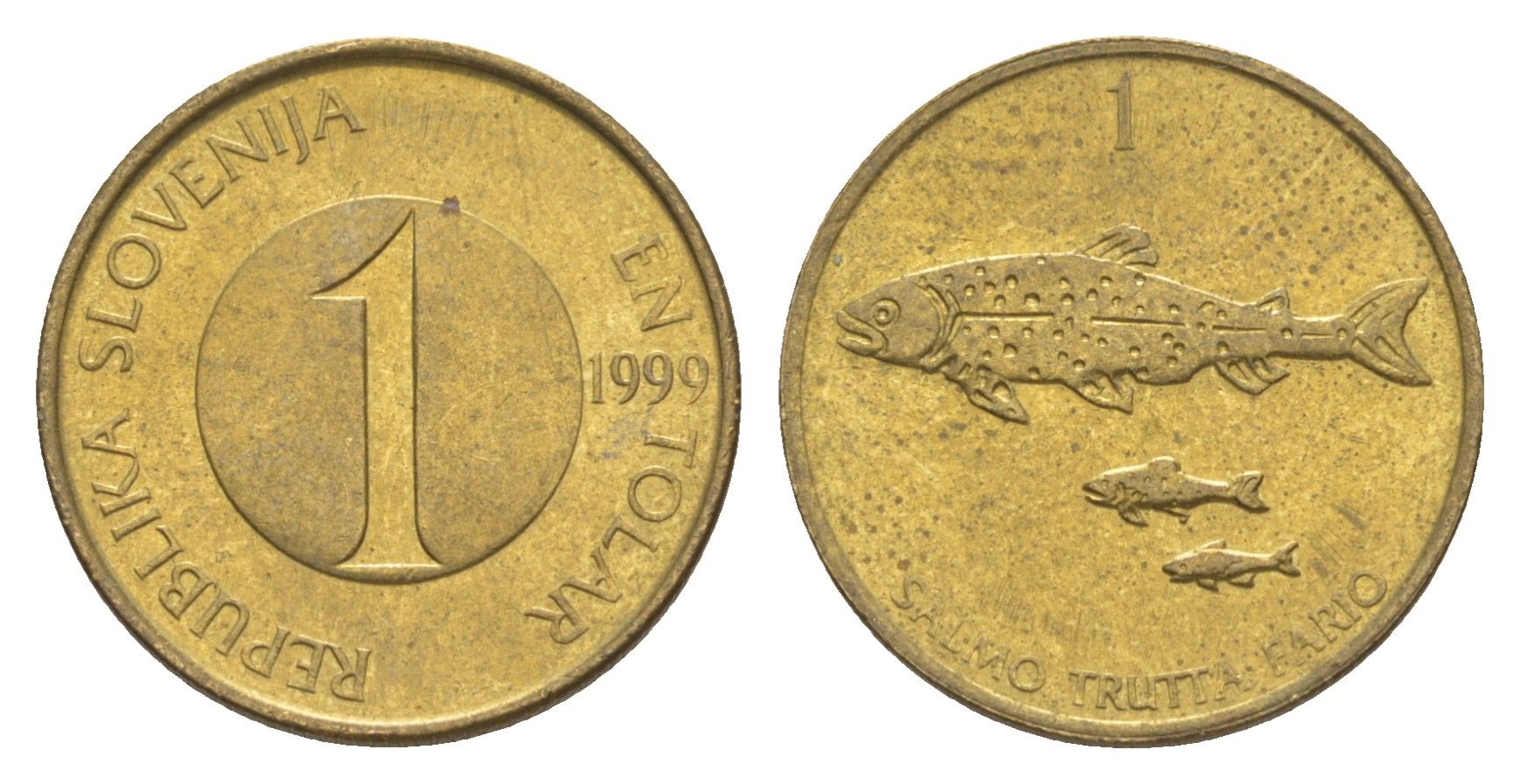 Словения 1 толар 1999 рыбы KM 4 латунь 3996-1241