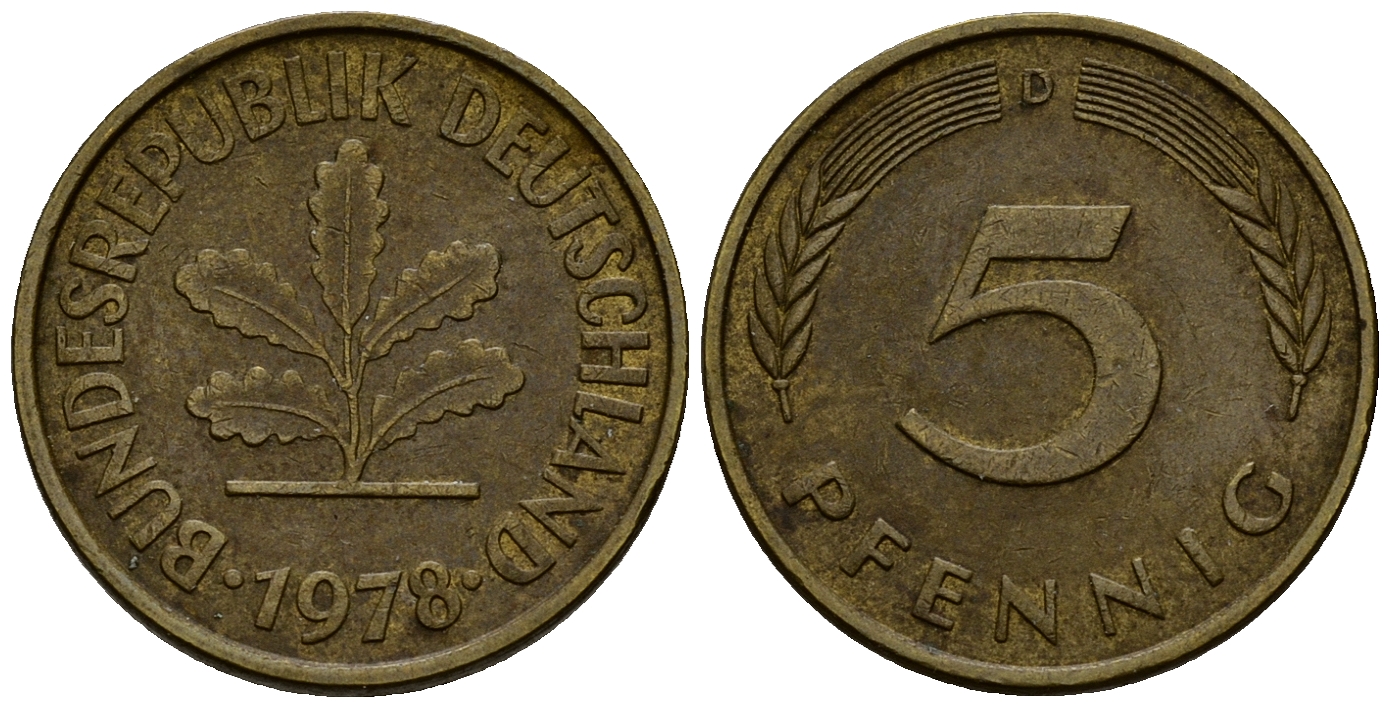 ФРГ 5 пфеннигов 1978 D J.382, KM 107 сталь плакированная латунью    4598-1016