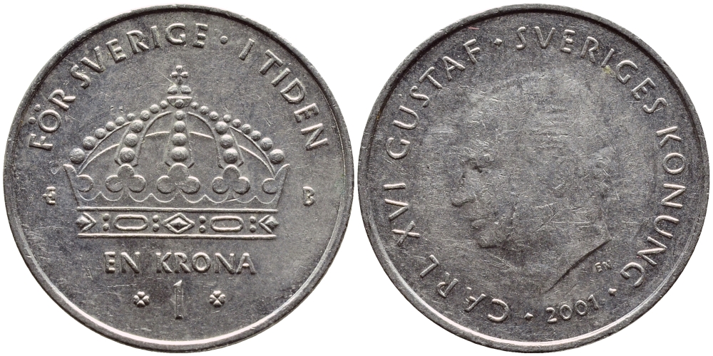 Швеция 1 крона 2001 Карл XVI Густав (1973- ) KM 894 медно-никель 4364-2747