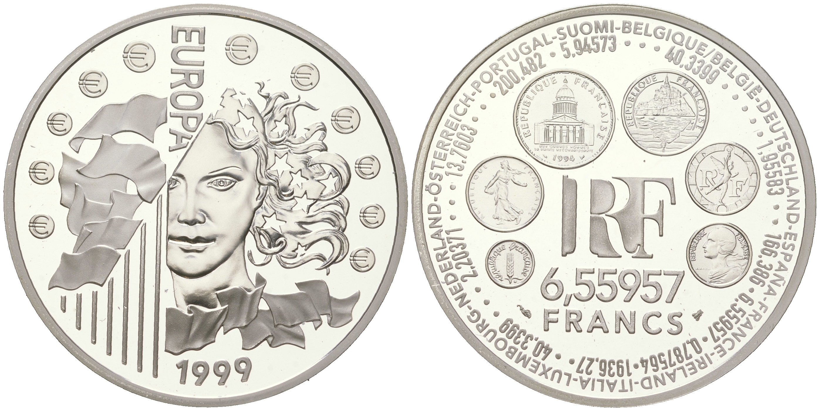 Франция 1 евро = 6,55957 франков 1999 страны Евросоюза, введение евро, курс франка к евро, в оригинальной коробке KM 1255 серебро  PROOF  3-4-11-17