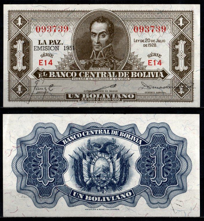 Боливия 1 боливиано 1928 (1951-1952) надпечатка EMISION 1951 Pick 128 b бумага UNC (пресс) 6280-14-2-2