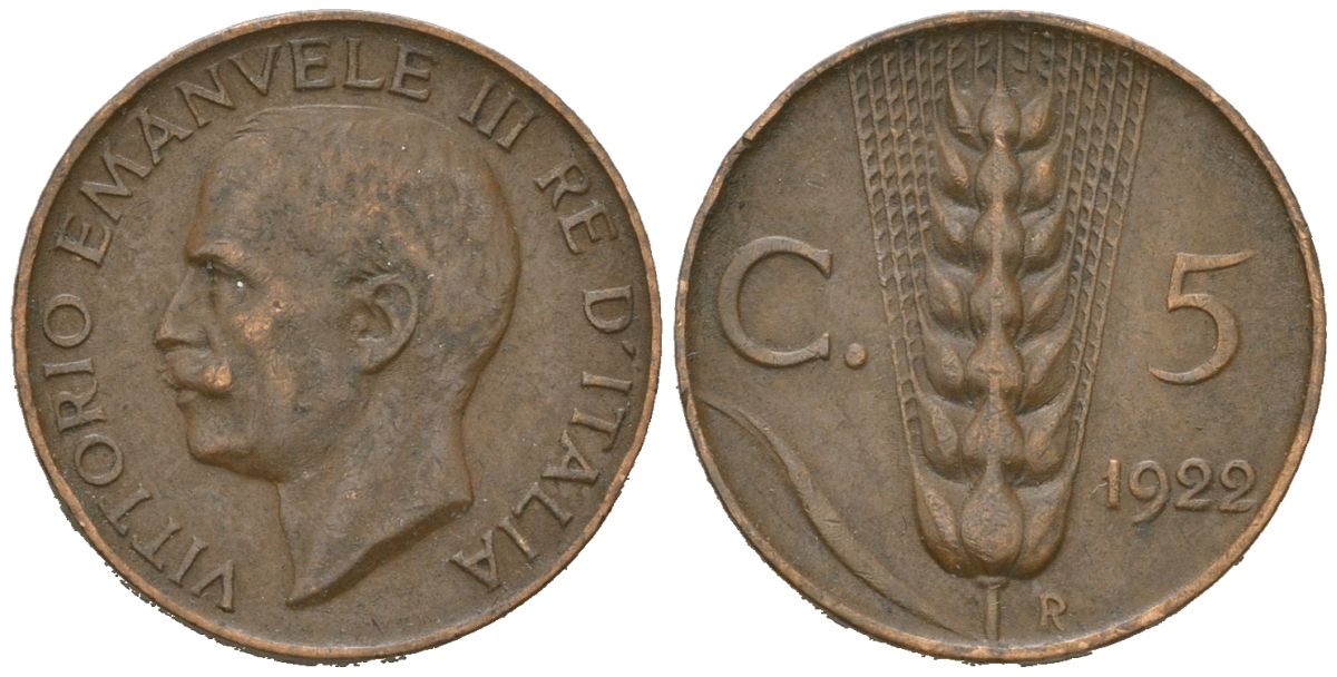 Италия 5 чентезимо 1922 R, Виктор Эммануил III (1900-1946) KM 59 бронза 4615-619