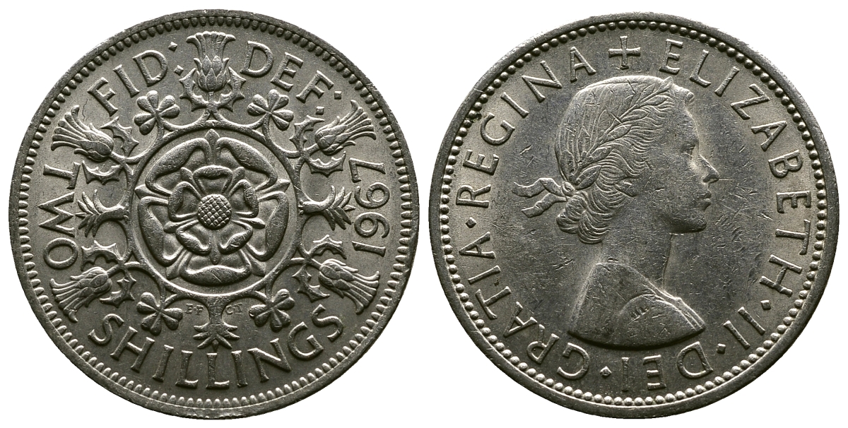 Великобритания 2 шиллинга (флорин) 1967 Елизавета II (1952-2022) KM 906, Spink 4146 медно-никель 4382-831