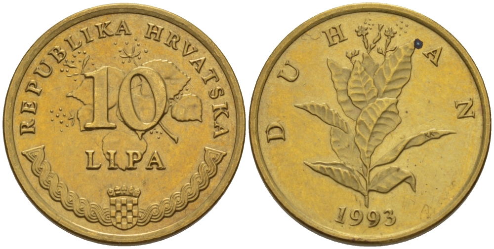 Хорватия 10 лип 1993 табак обыкновенный, легенда на хорватском KM 6 сталь плакированная латунью 86-1441