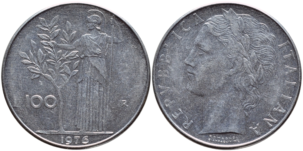ИТАЛИЯ 100 ЛИР 1976 R, АФИНА KM 96.1 нержавеющая сталь 4394-614