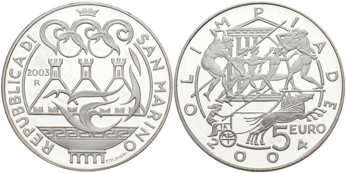 Сан-Марино 5 евро 2003 R,  Летние Олимпийские игры 2004 в Афинах KM 453 серебро PROOF 02-014-45
