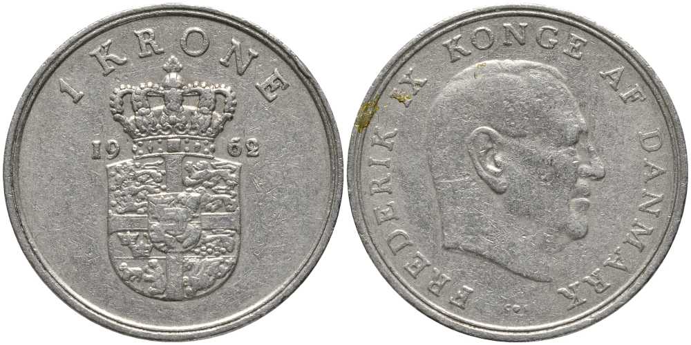 ДАНИЯ 1 КРОНА 1962 C;S, ФРЕДЕРИК IX (1947-1972) KM 851.1 медно-никель 113-853