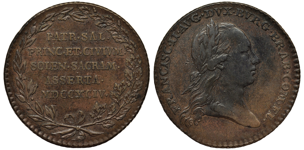 Австрийские Нидерланды жетон 1794 на посещение Францом II Бельгии de Coster 925 медь 443-314