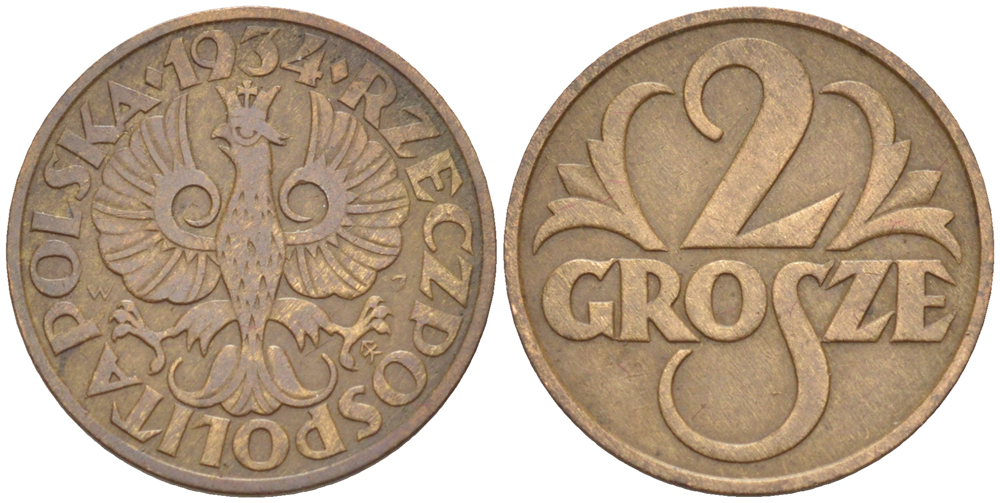 ПОЛЬША 2 ГРОША 1934 w KM 9a, Parchimowicz 102i бронза VF 4181-1158