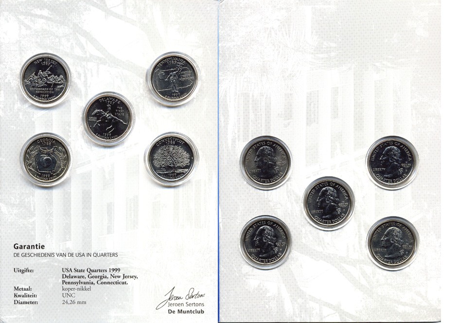 США набор из 5 квотеров 1999 штаты США: Нью-Джерси, Делавер, Джорджия, Коннектикут, Пенсильвания, буклет, капсулы, сертификат KM 295, 293, 296, 297, 294 медно-никель UNC 7-6-1-28