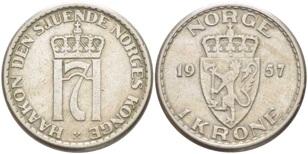 НОРВЕГИЯ 1 КРОНА 1957 ХОКОН VII (1905-1957) KM 397 медно-никель 4402-132