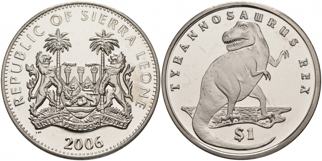 Сьерра-Леоне 1 доллар 2006 серия динозавры, тираннозавр Рекс KM 309 медно-никель UNC M9-20