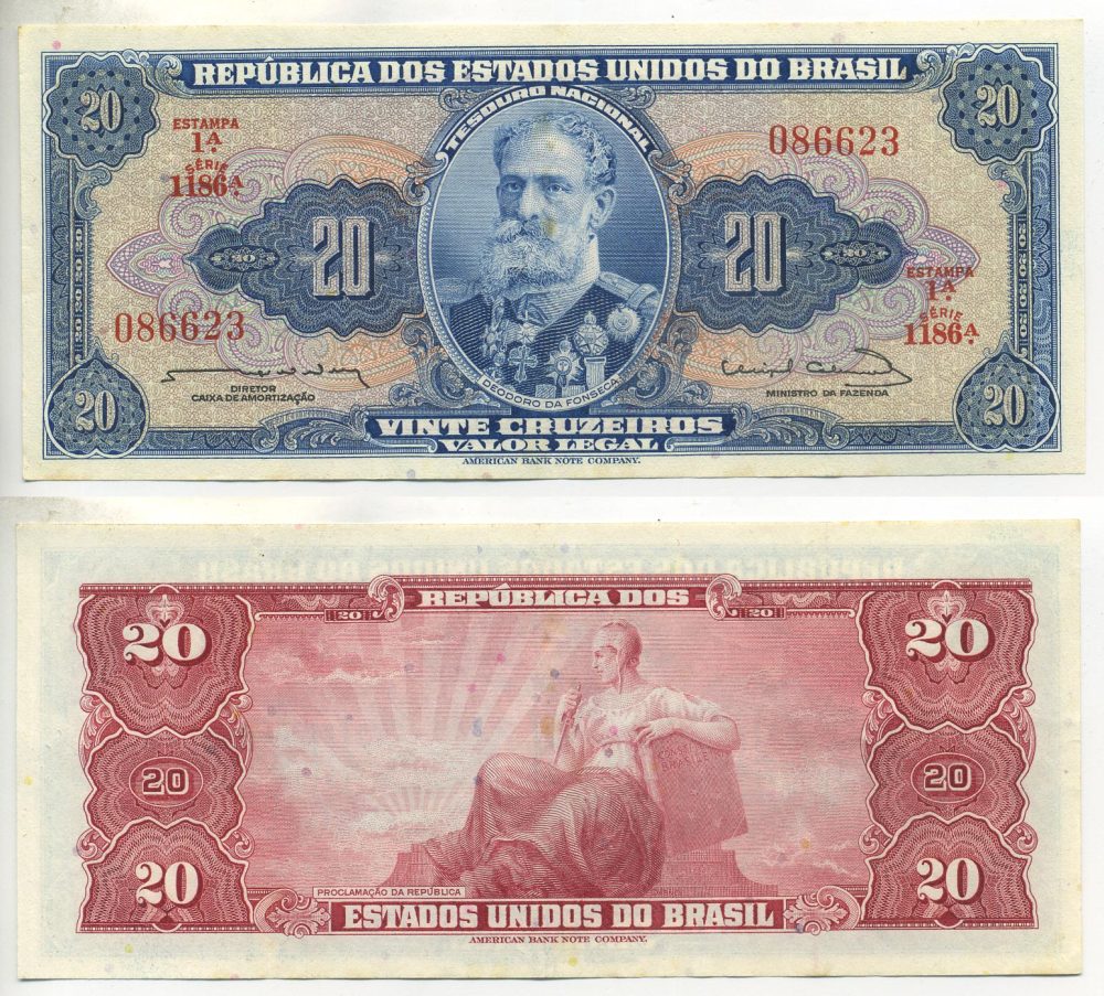 БРАЗИЛИЯ 20 КРУЗЕЙРО 1963 ПОДПИСЬ 12 Pick 168b бумага 7552-8-3