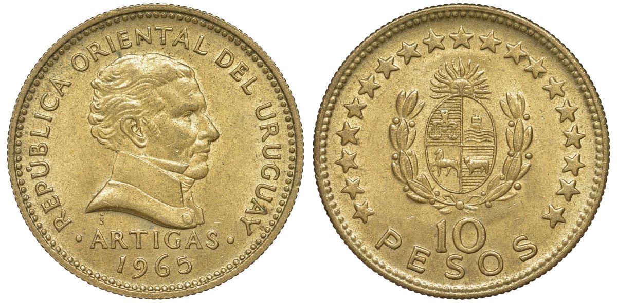 Уругвай 10 песо 1965 KM 48 алюминиевая бронза 4574-1014