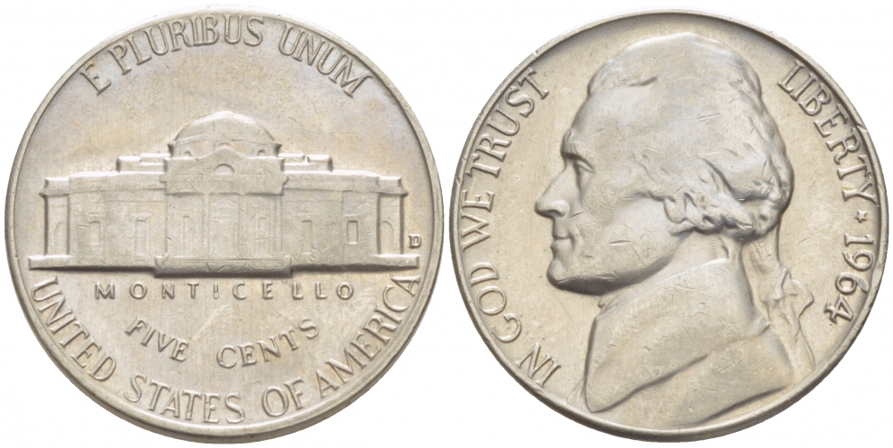 США 5 ЦЕНТОВ 1964 ДЖЕФФЕРСОН KM A192 медно-никель 214-711