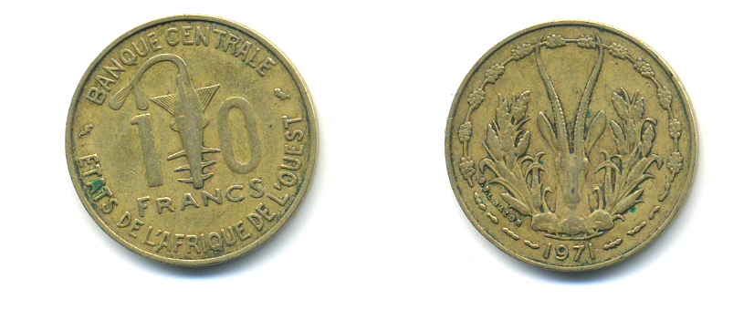 ЗАПАДНАЯ АФРИКА 10 ФРАНКОВ 1971 KM 1а алюминий никель бронза 86-1641