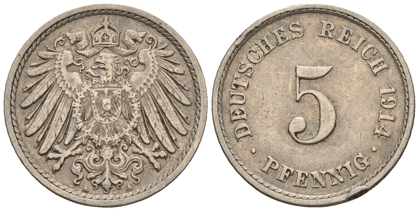 Германия 5 пфеннигов 1914 A, KM 11, J. 12 медно-никель 220-736
