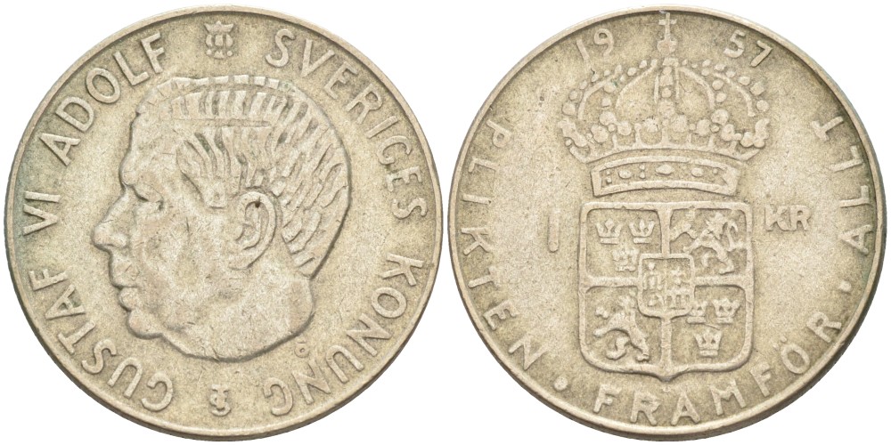 Швеция 1 крона 1957 TS, Густав VI Адольф (1950-1973) KM 826 серебро 3851-1241
