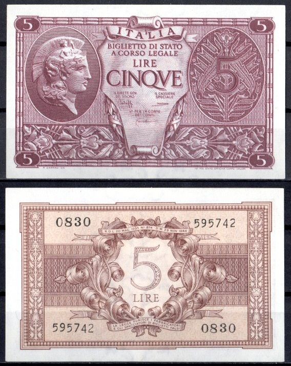 Италия 5 лир 1944 Pick 31 c бумага UNC (пресс) 8621-13-2-1