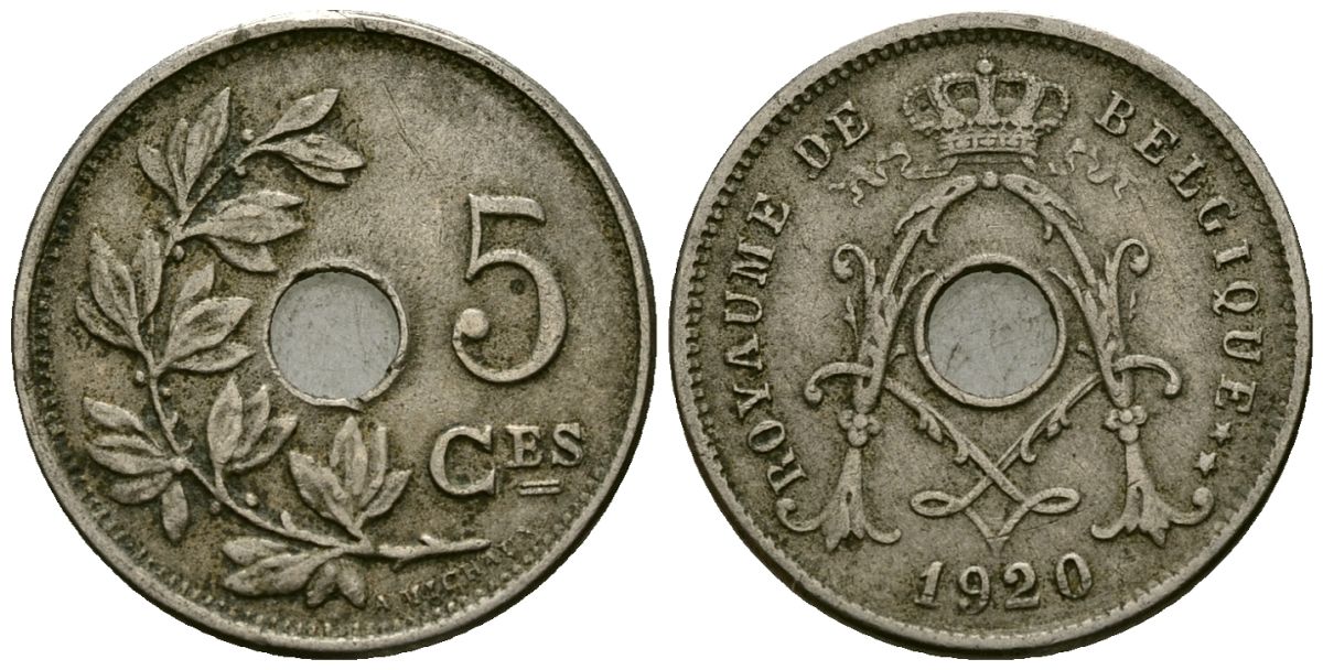 Бельгия 5 сантимов 1920 Belgique KM 66 медно-никель 4173-458