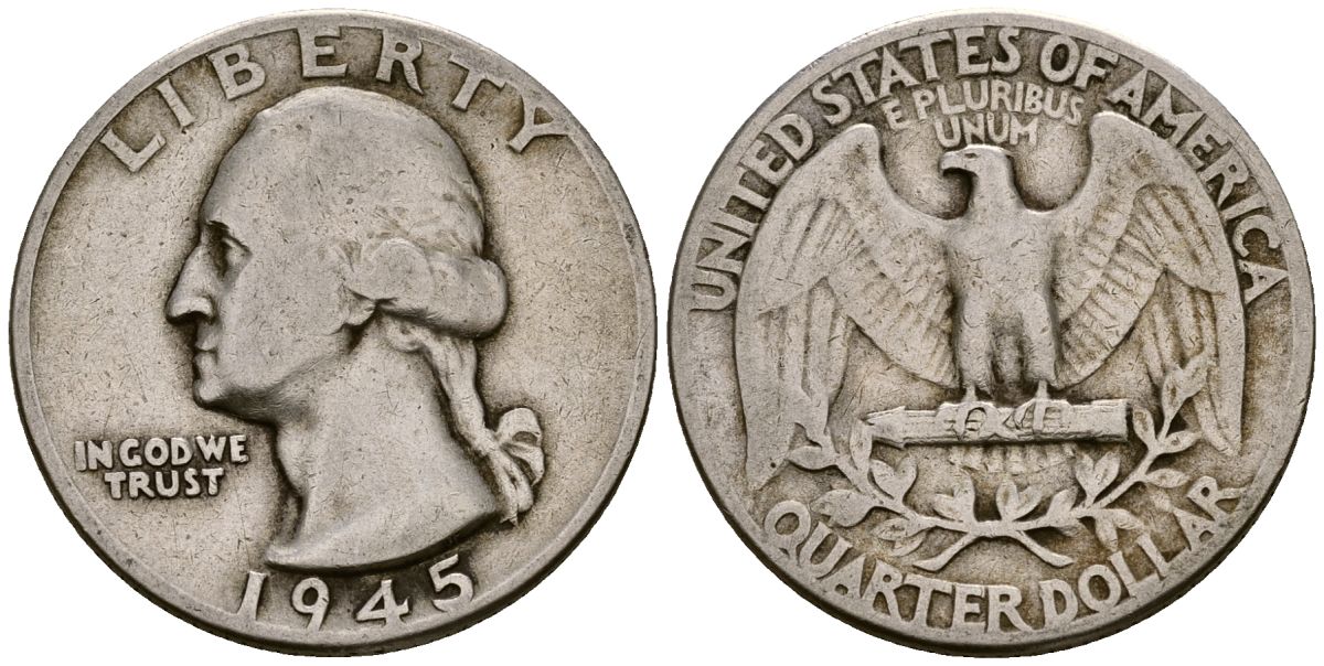 США 25 центов = квотер 1945 Вашингтон KM 164 серебро 4177-717