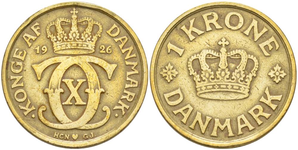 ДАНИЯ 1 КРОНА 1926 HCN; GJ, КРИСТИАН X (1912-1947) KM 824.1 алюминиевая бронза 186-1231