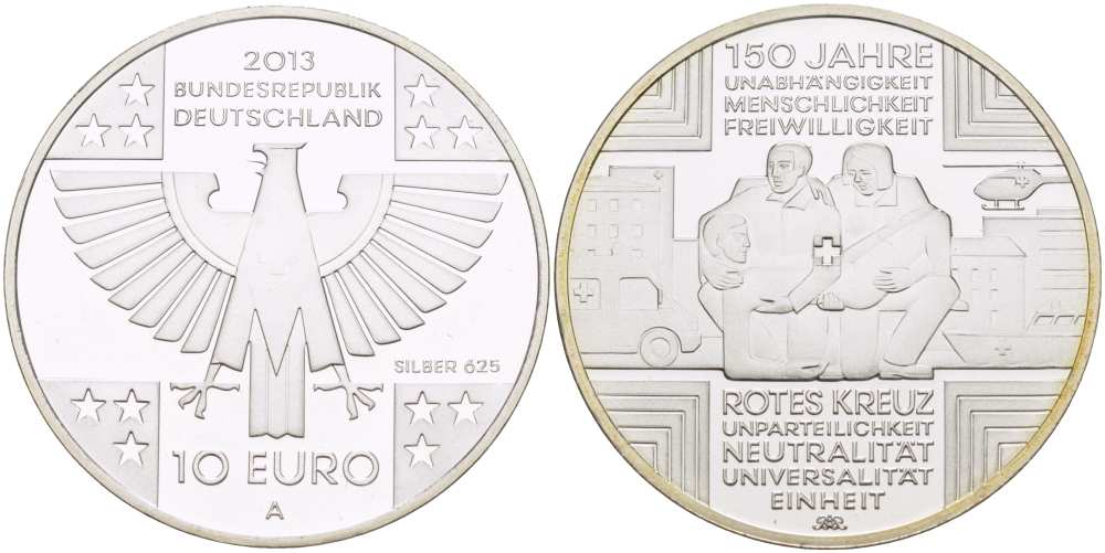 ФРГ 10 евро 2013 А, 150 ЛЕТ ОРГАНИЗАЦИИ КРАСНЫЙ КРЕСТ KM 320 серебро PROOF 1084-7-73