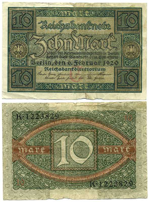 ГЕРМАНИЯ 10 МАРОК 1920 6 ФЕВРАЛЯ 1920, БУКВА C, СЕРИЯ K, СЕМЬ ЦИФР В НОМЕРЕ СЕРИИ Pick 67a, Rosenberg 63а бумага 7198-24-1-1