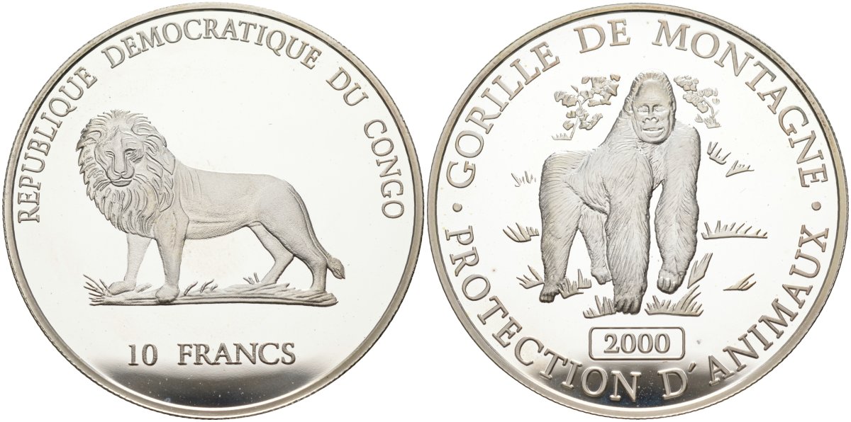 Конго 10 франков 2000 горные гориллы KM 161 серебро PROOF 00-00