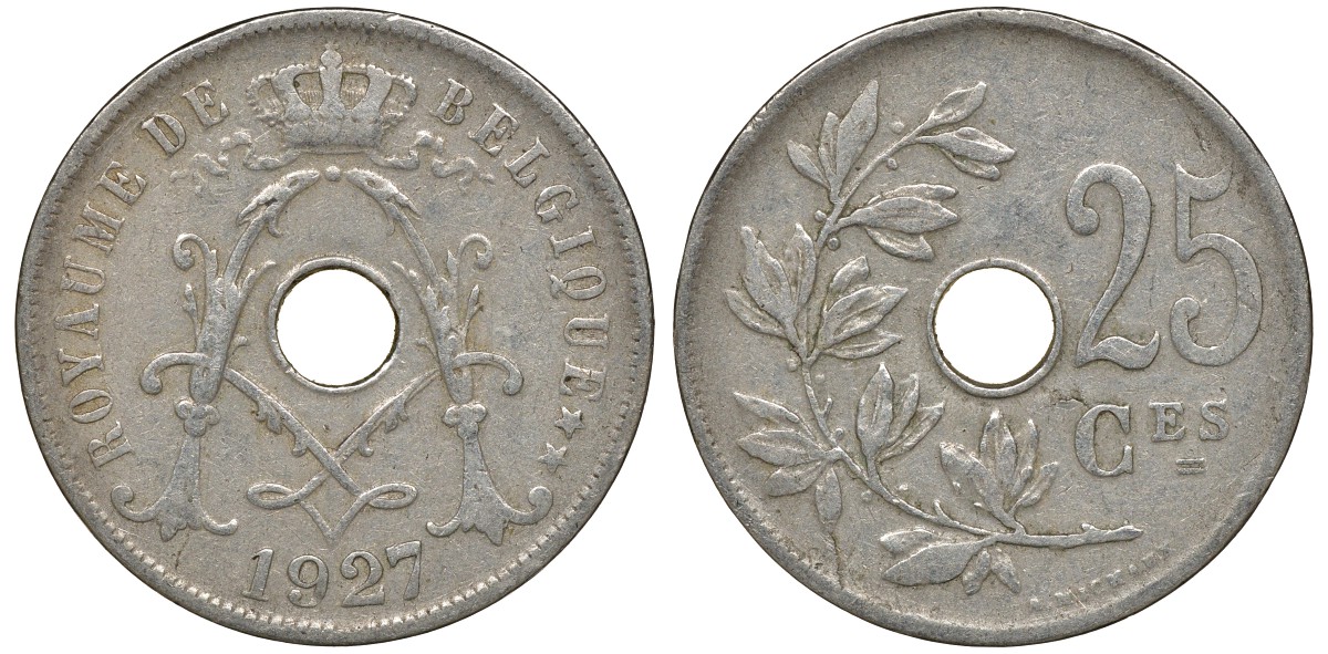 Бельгия 25 сантимов 1927 Belgique KM 68.1 медно-никель 4163-631