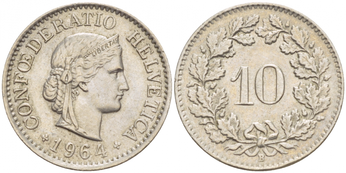 ШВЕЙЦАРИЯ 10 РАППЕНОВ 1964 KM 27 медно-никель 51-236